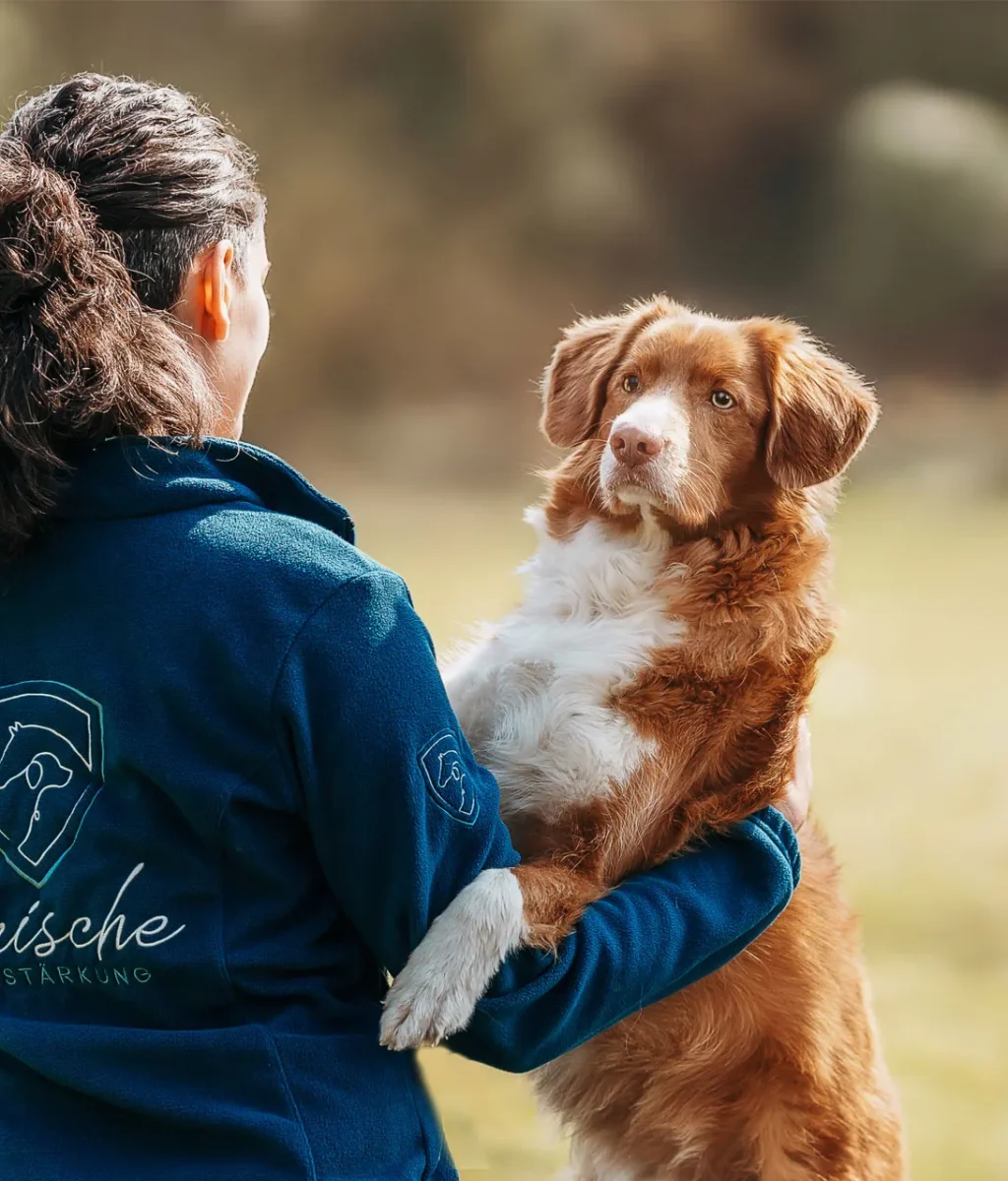 Frau in einer blauen Fleecejacke mit dem Logo von Tierische Verstärkung hält einen rot-weißen Retriever im Arm. Der Hund blickt aufmerksam zu ihr auf, während beide in einer ruhigen, natürlichen Umgebung stehen. Die Szene vermittelt Vertrauen, Verbundenheit und eine enge Mensch-Hund-Beziehung.