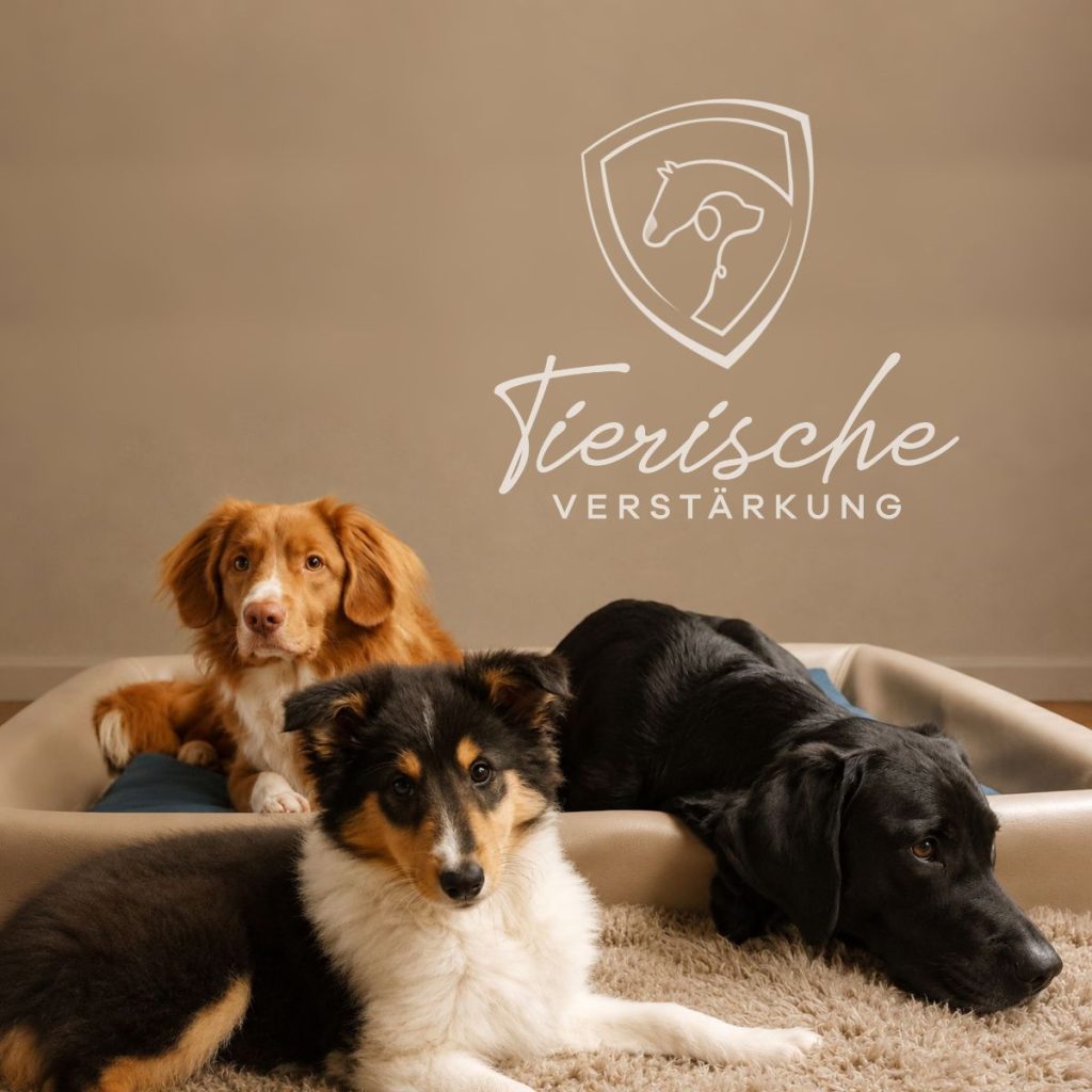 Drei Hunde liegen entspannt in einem gemütlichen Innenraum auf einem hellen Teppich und einem Hundebett. Im Vordergrund liegt ein junger tricolorfarbener Hund mit schwarzem, weißem und lohfarbenem Fell. Dahinter befindet sich ein rot-weißer Hund mit aufmerksamem Blick. Rechts ruht ein schwarzer Labrador mit dem Kopf auf dem Teppich.